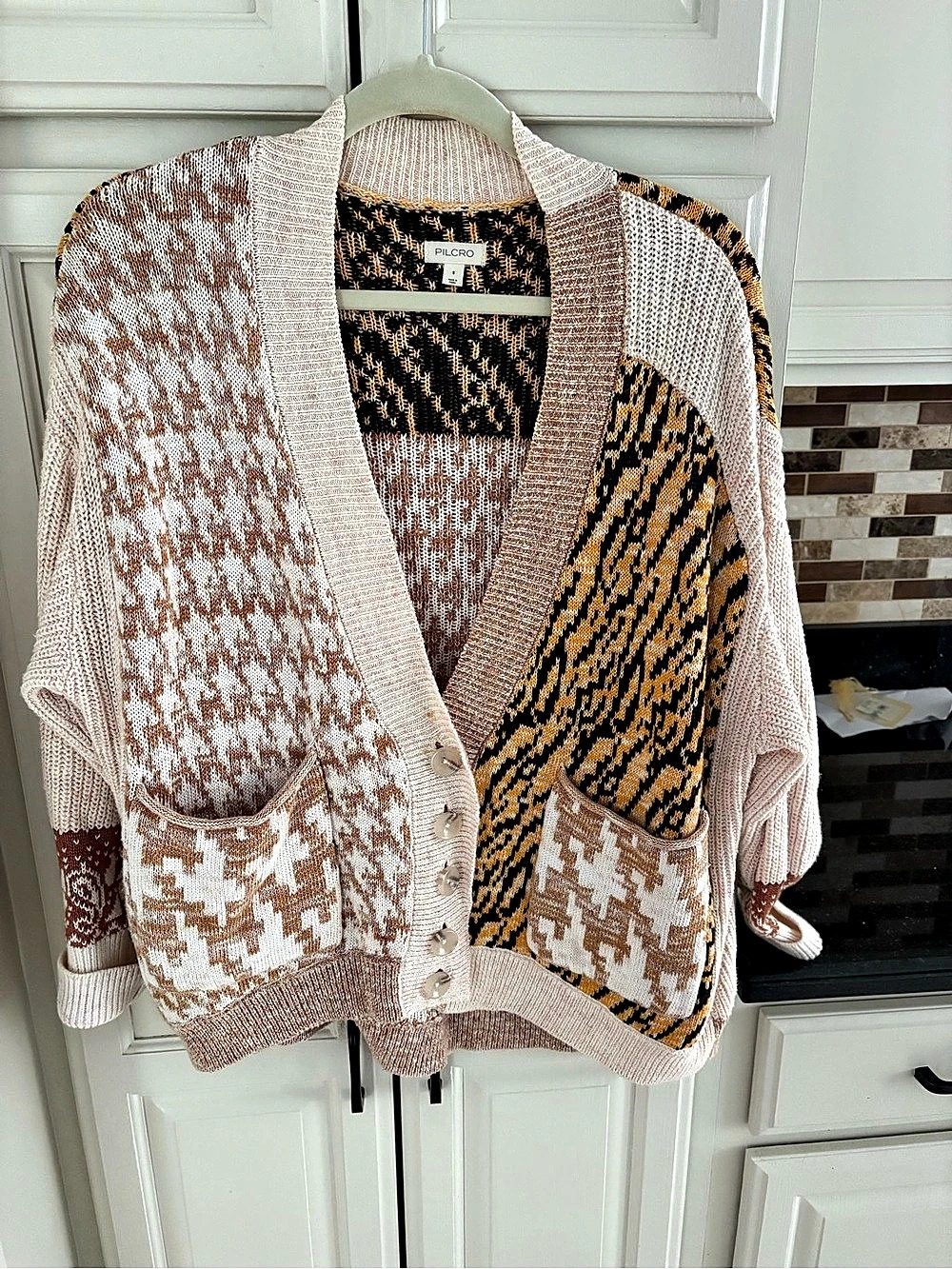 PILCRO Animal Print Cardigan White & Brown Small Like New